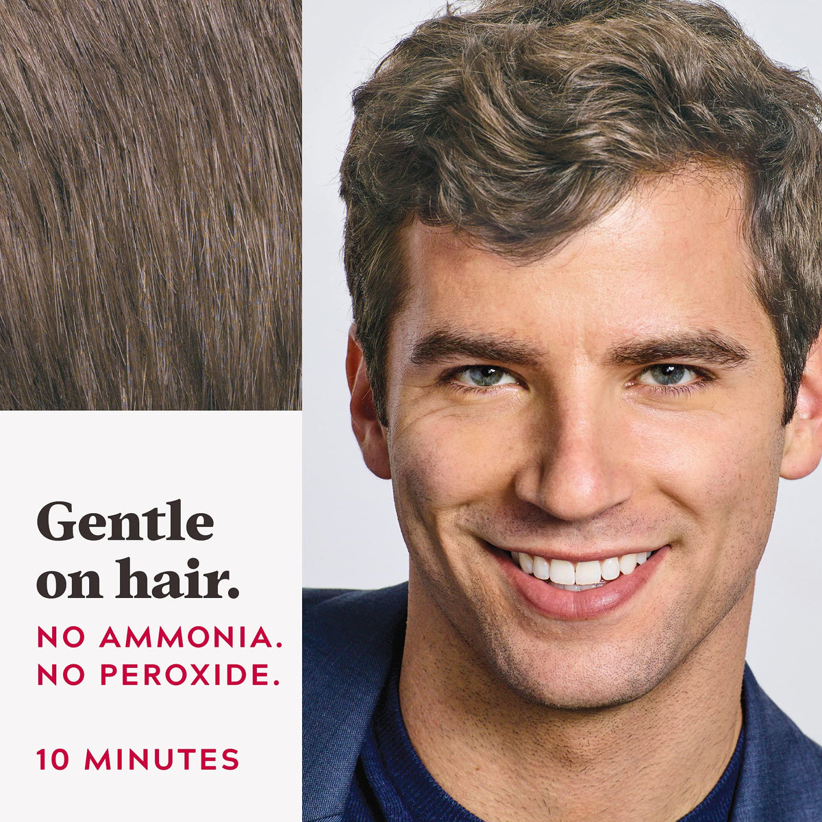 Just For Men being combed through hair for fast 10-minute gray coverage benefit
