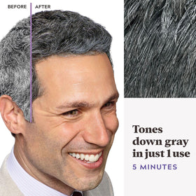 Just For Men application in use on hair demonstrating easy comb-in spread for subtle gray reduction