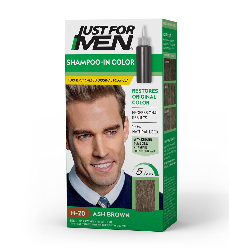 Just For Men front box showing Ash Brown H-20 and benefits