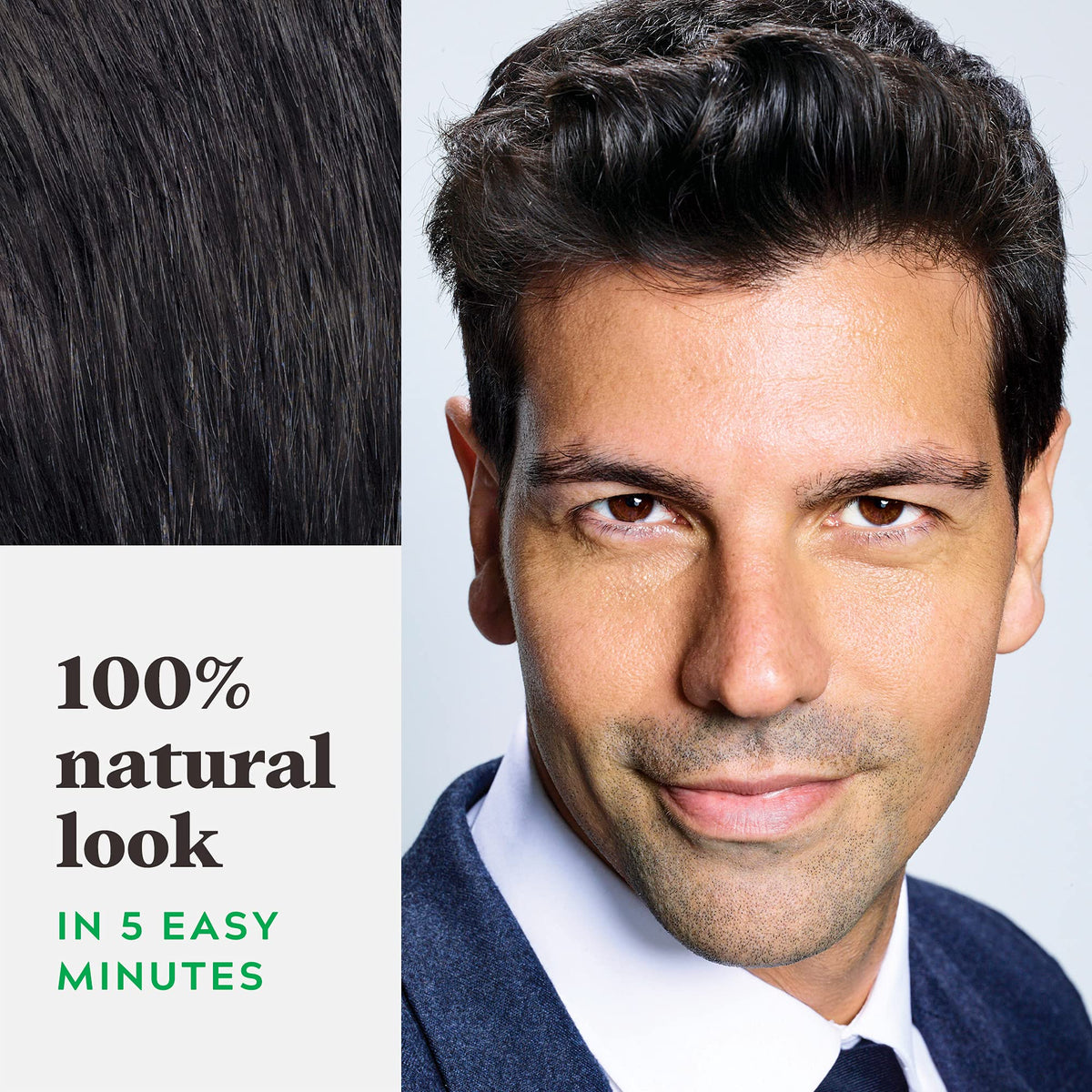 Just For Men close-up of hair strands showing natural-looking Real Black coverage