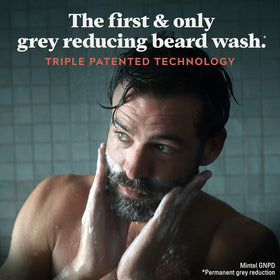 Just for Men applied to beard in bathroom illustrating simple daily use routine