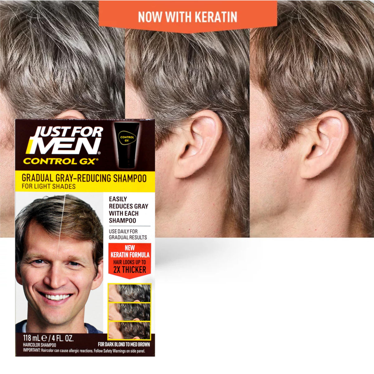 Just for Men Control GX before and after comparison showing gradual greying reduction