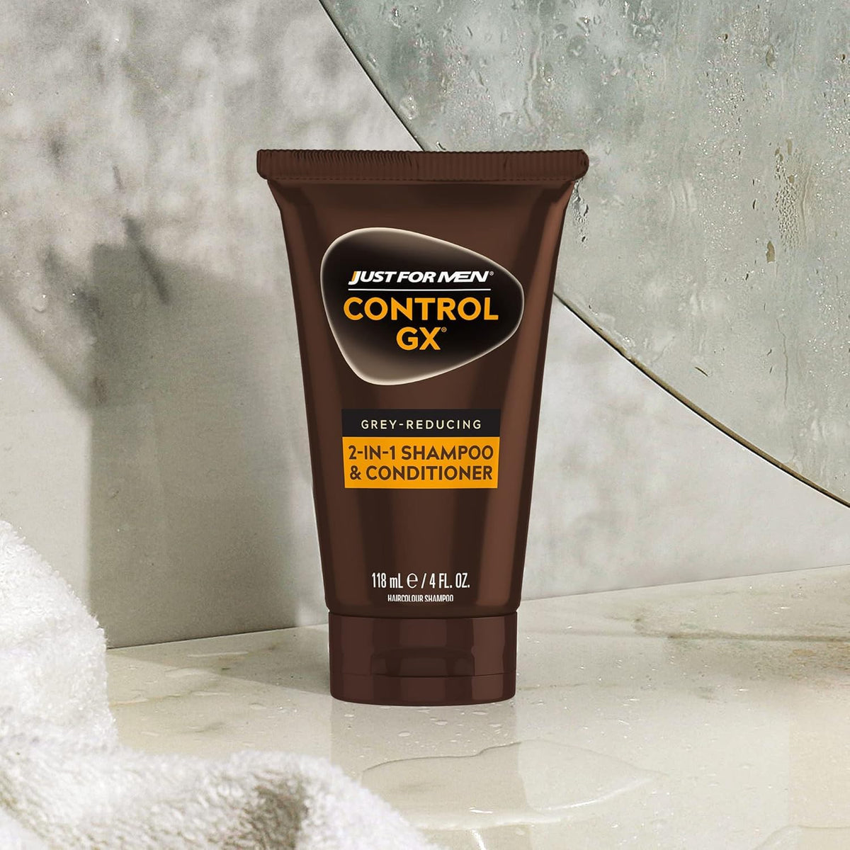 Just for Men Control GX bottles styled on bathroom shelf showing grooming routine