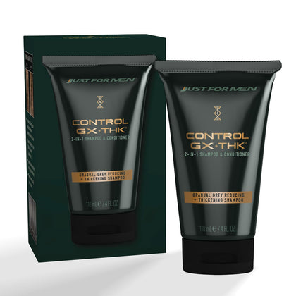 Just for Men front packaging showing 4 oz bottle and product name, highlights compact travel size