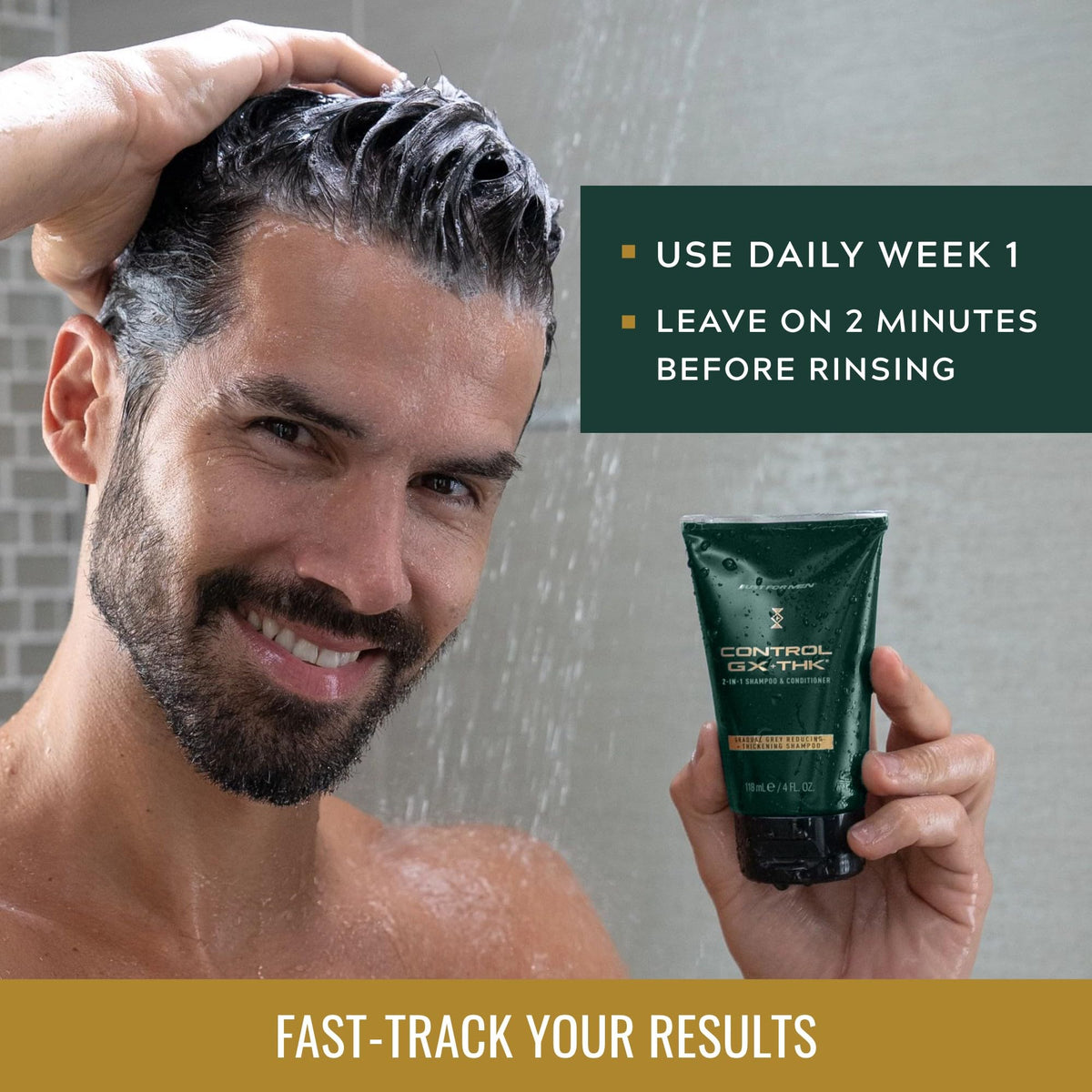 Just for Men bottle in use under shower hand showing ease of application and quick rinse benefits