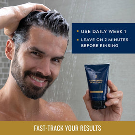 Just for Men in-shower use showing hair lathered for gradual gray reduction