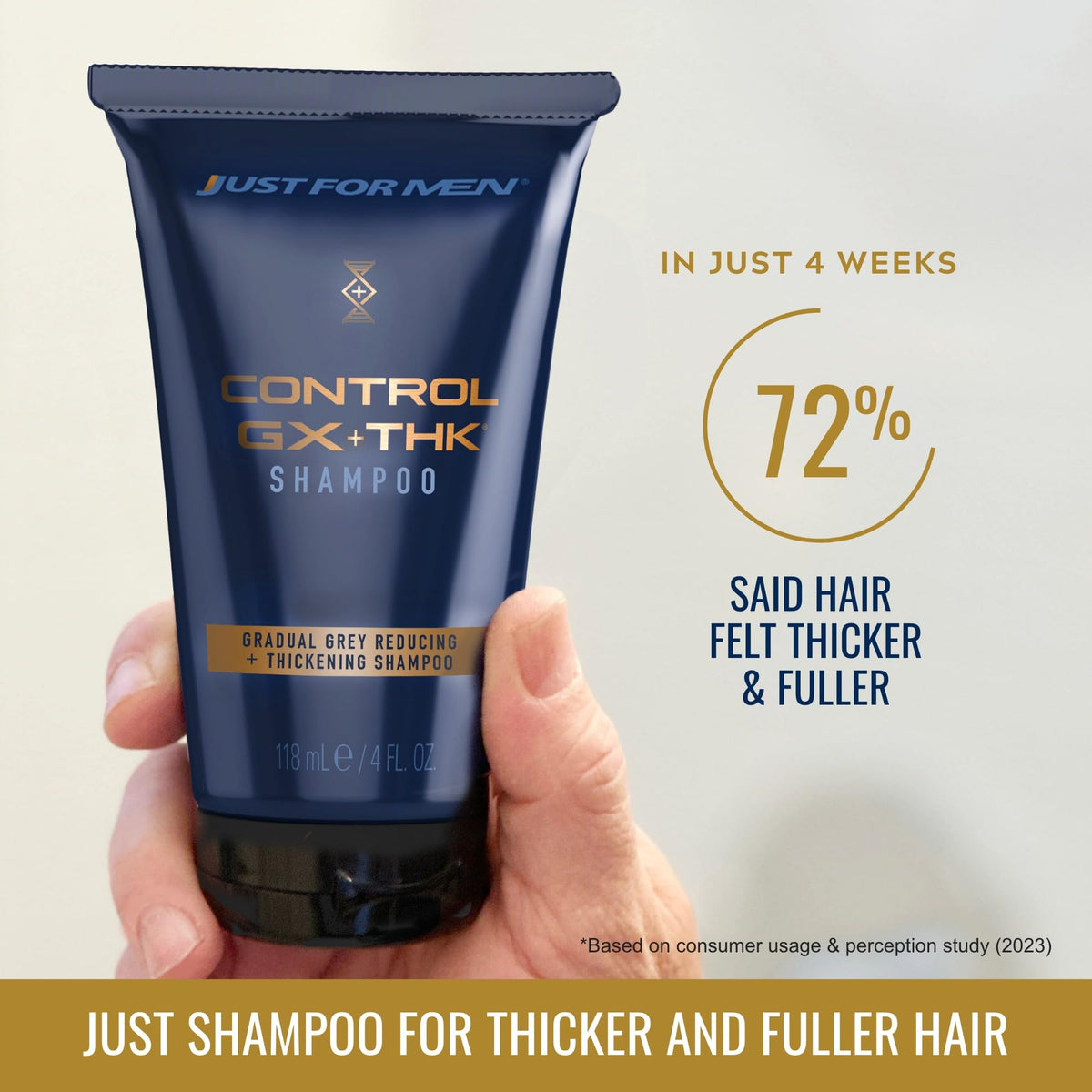 Just for Men pump dispensing lather to illustrate easy application and cleansing