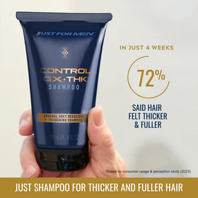 Just for Men pump dispensing lather to illustrate easy application and cleansing