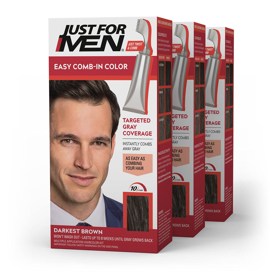 Just For Men front packaging showing darkest brown pack and benefits