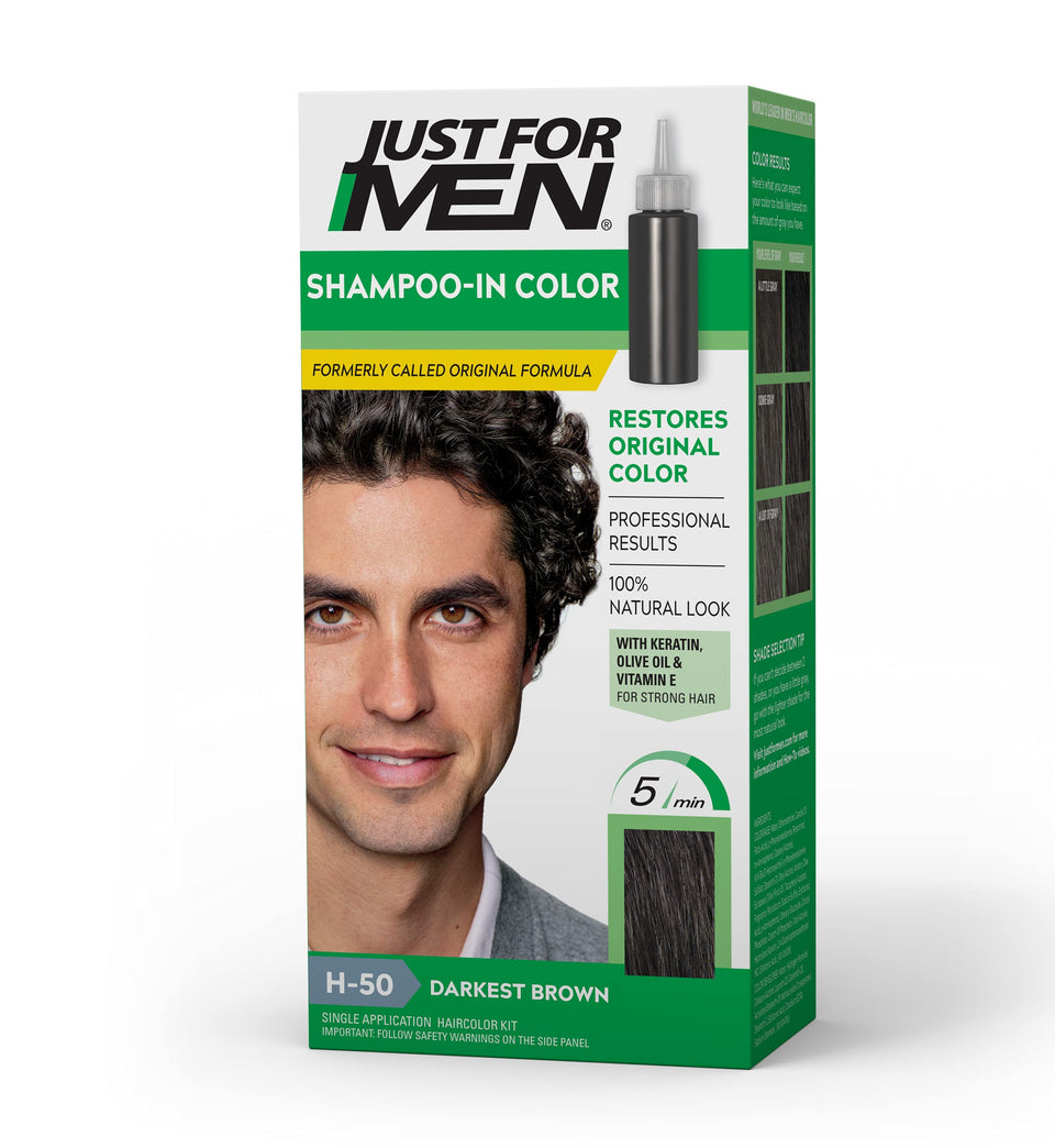 Just For Men front packaging showing darkest brown shade and benefits