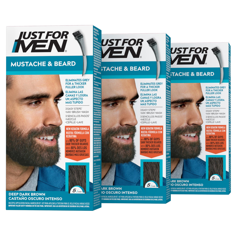 Just For Men packaging front view showing Deep Dark Brown and benefits