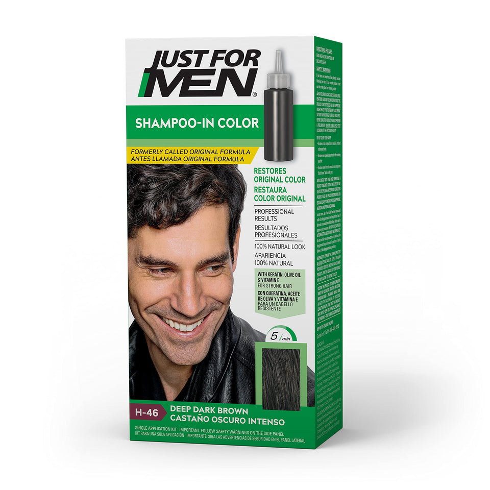 Just For Men front packaging showing Deep Dark Brown and benefits