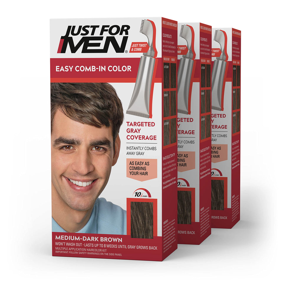 Just For Men front packaging showing Medium-Dark Brown shade and pack of three benefit convenience