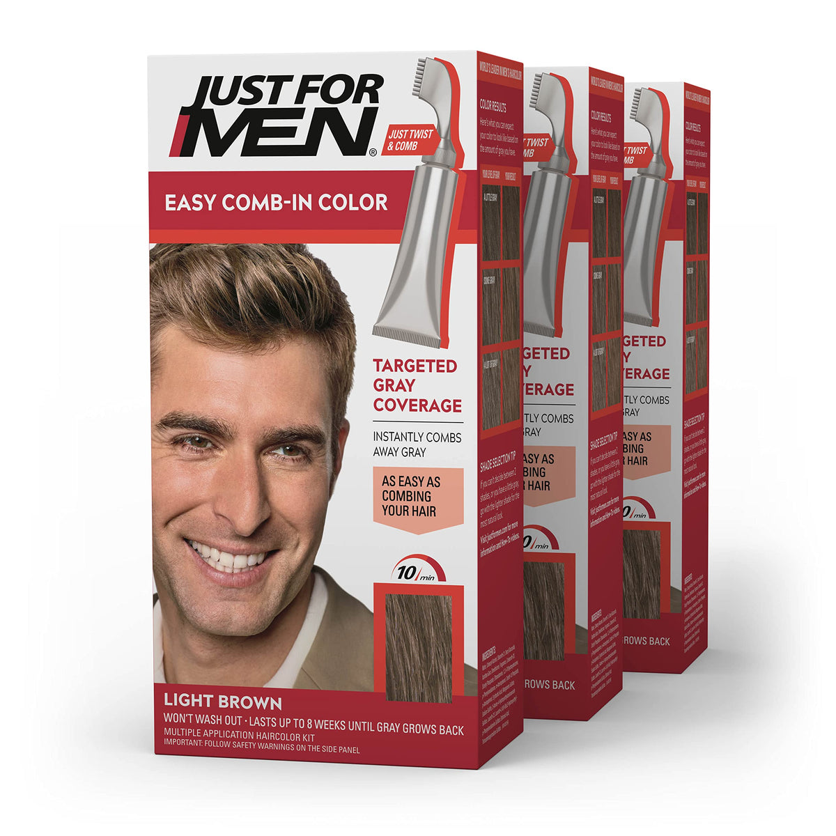 Just For Men front packaging showing Light Brown shade and benefits