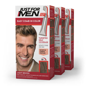 Just For Men front packaging showing Light Brown shade and benefits