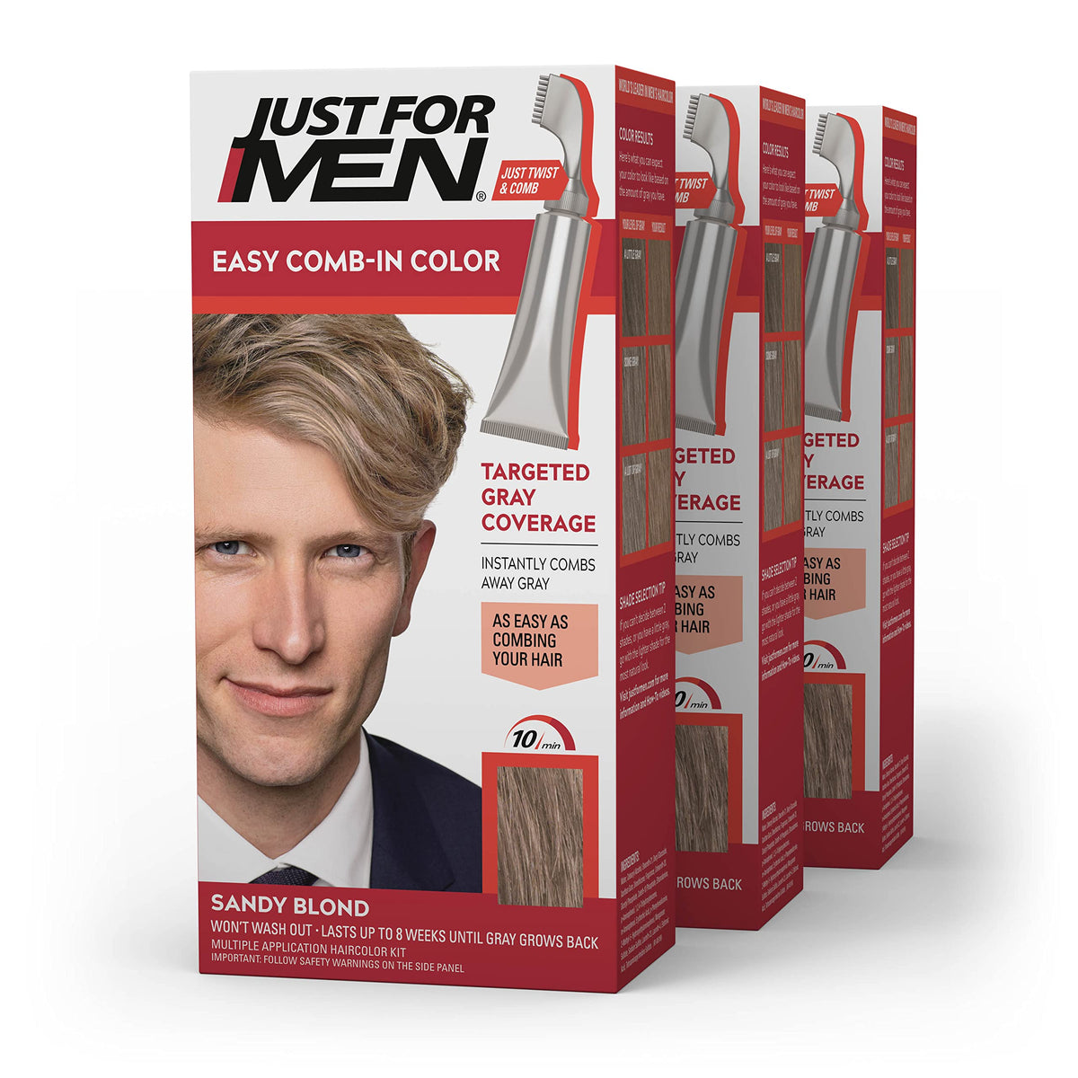 Just For Men front packaging showing sandy blond shade and pack benefits