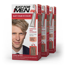 Just For Men front packaging showing sandy blond shade and pack benefits