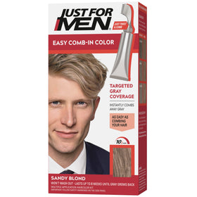 Just For Men front packaging showing sandy blond shade and instructions, clear benefit
