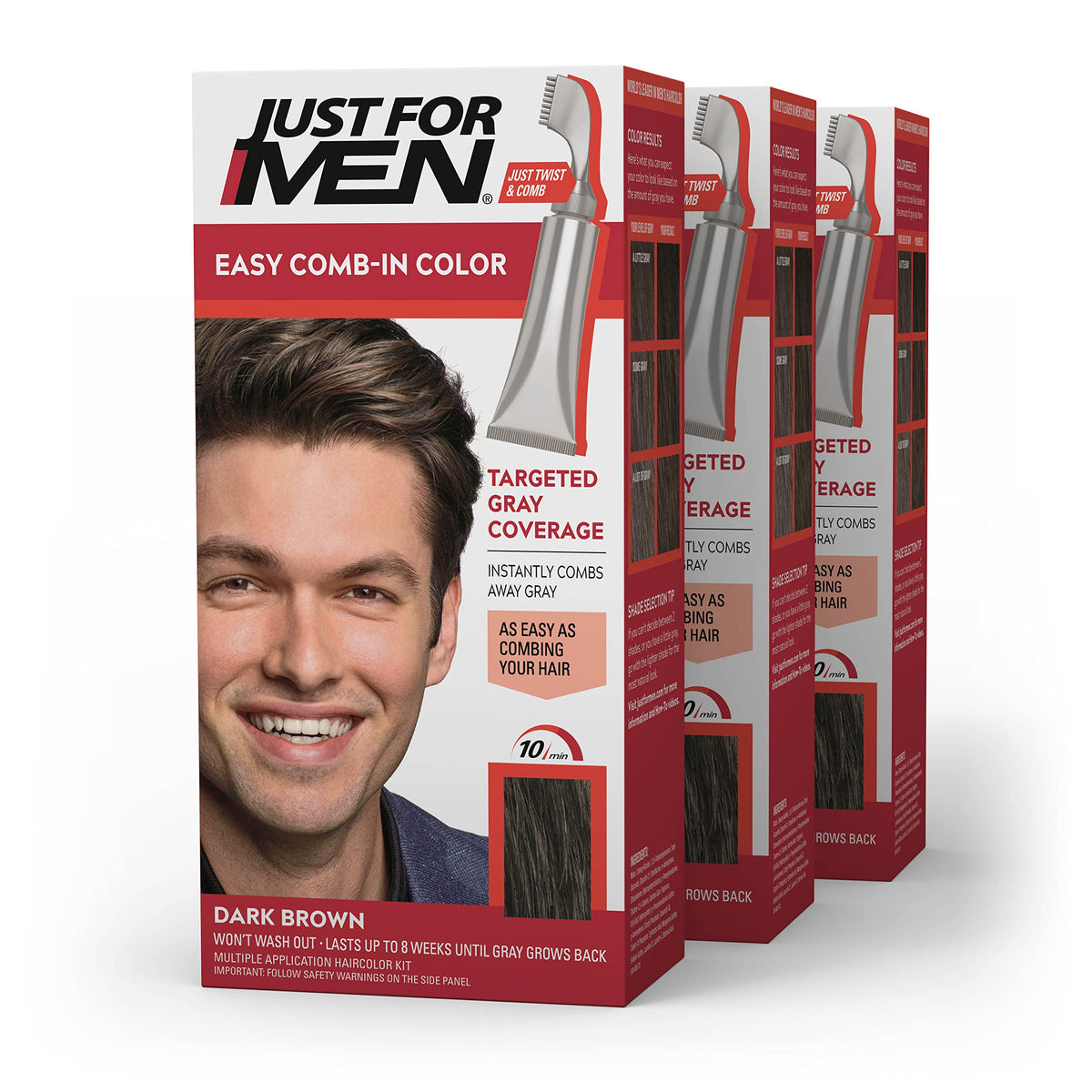 Just For Men front packaging showing dark brown shade and quick application benefit