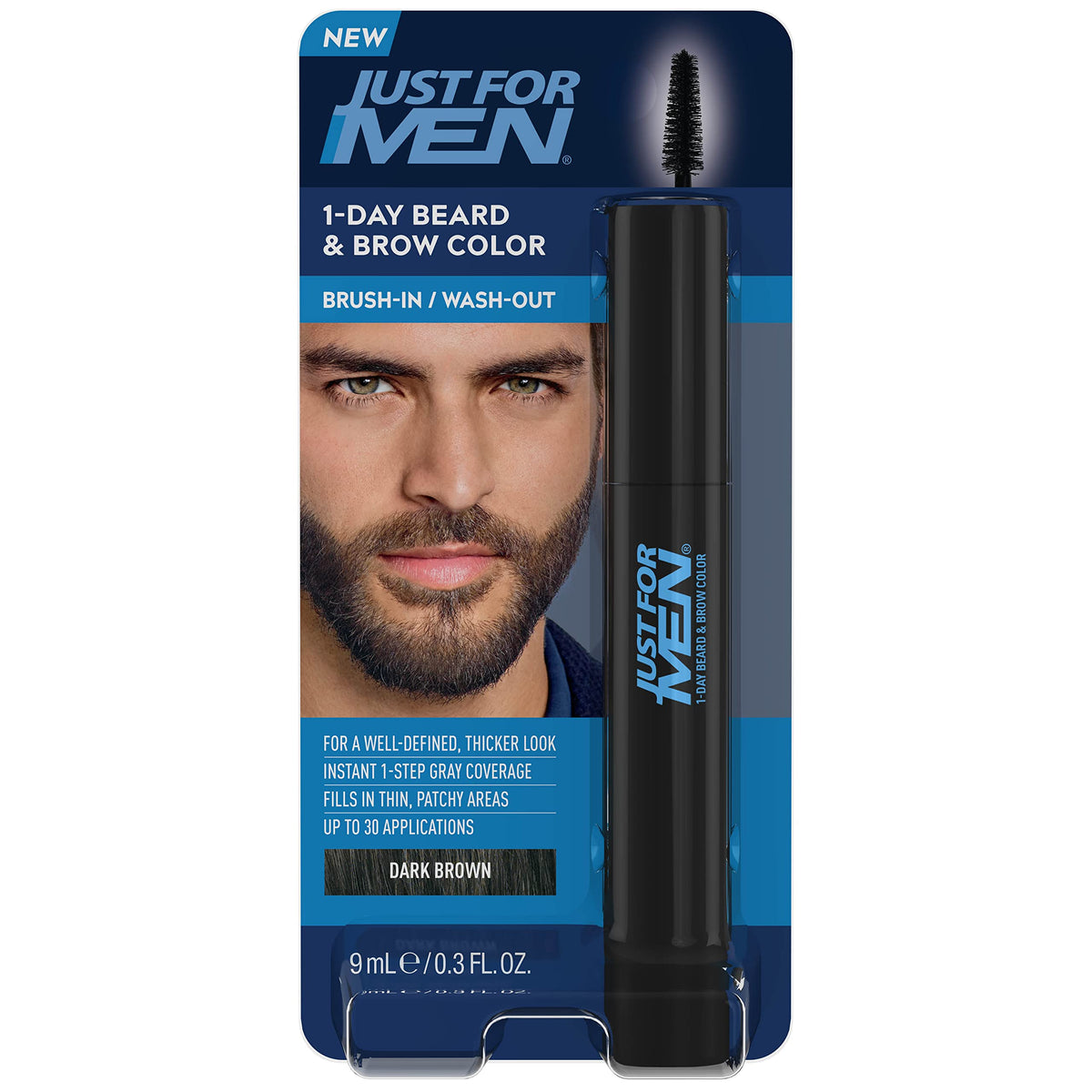 Just for Men front packaging showing dark brown shade and daily use benefit