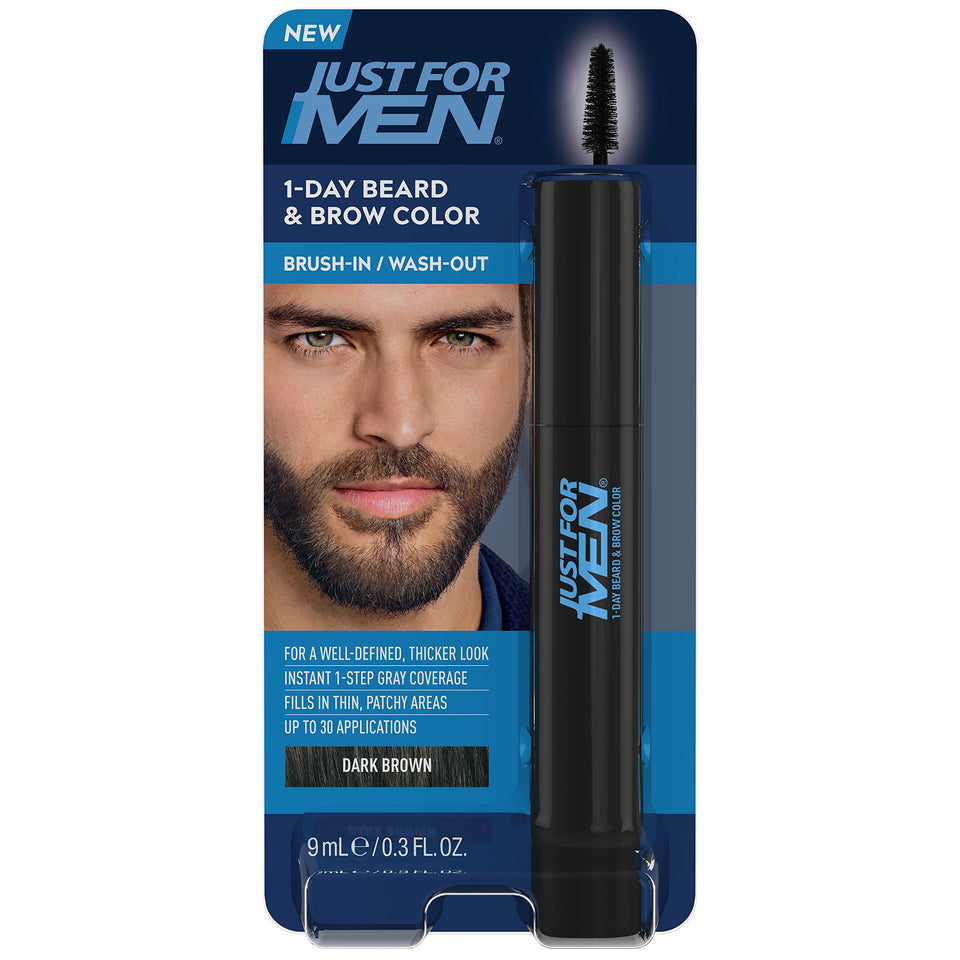 Just for Men front packaging showing dark brown shade and daily use benefit