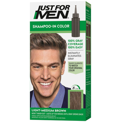 Just For Men front packaging showing H-30 Light-Medium Brown and benefits