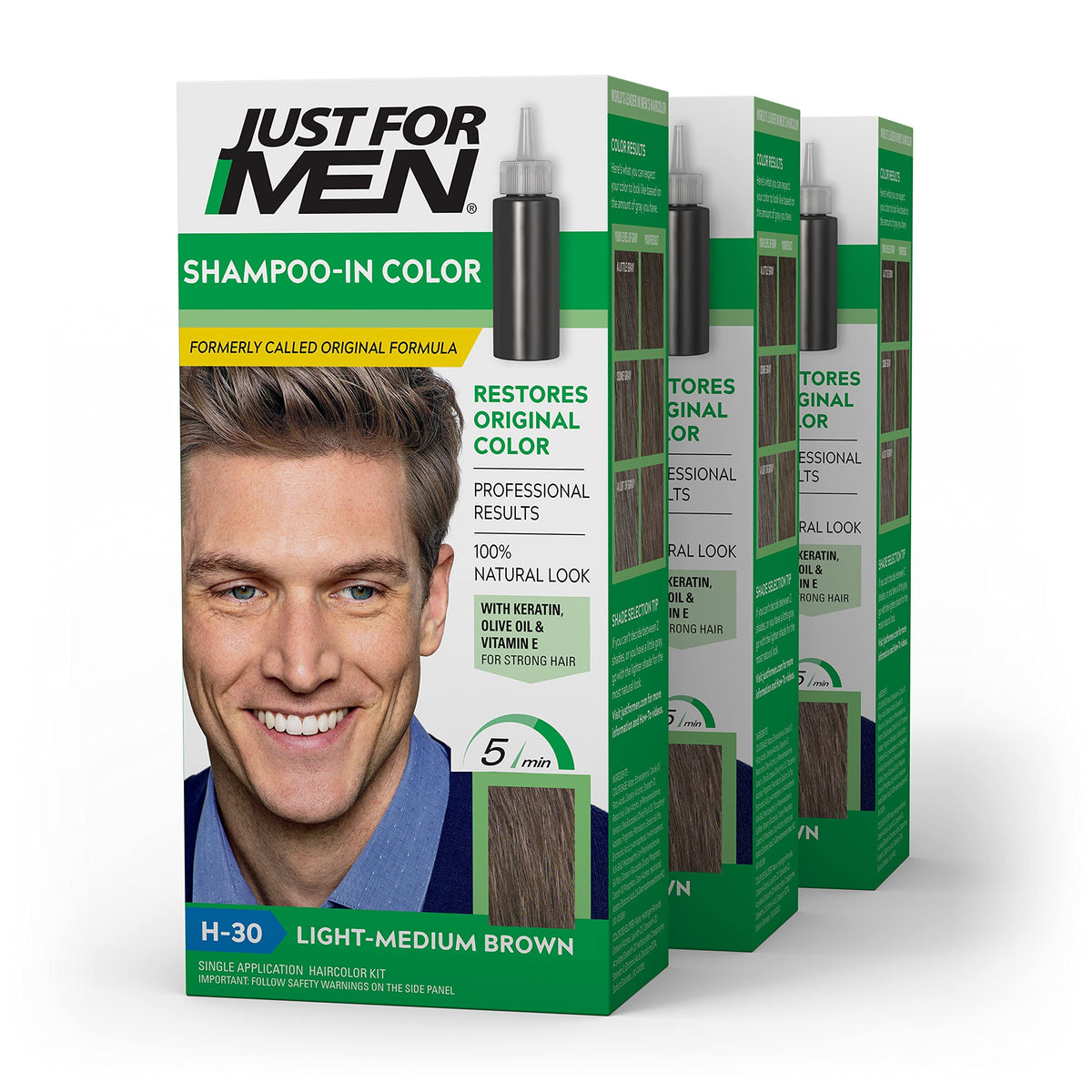 Just For Men front packaging showing light-medium brown shade and benefit of quick gray coverage