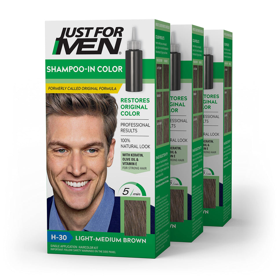 Just For Men front packaging showing light-medium brown shade and benefit of quick gray coverage