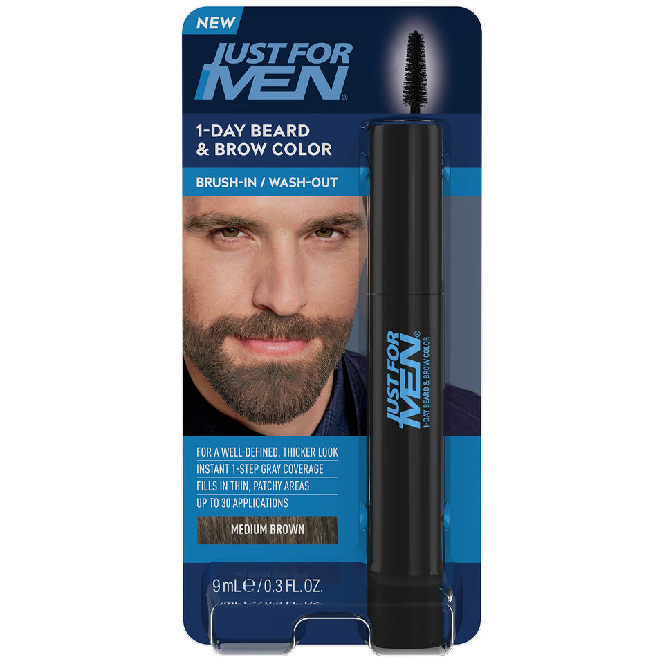 Just for Men front packaging in Medium Brown showing product benefits