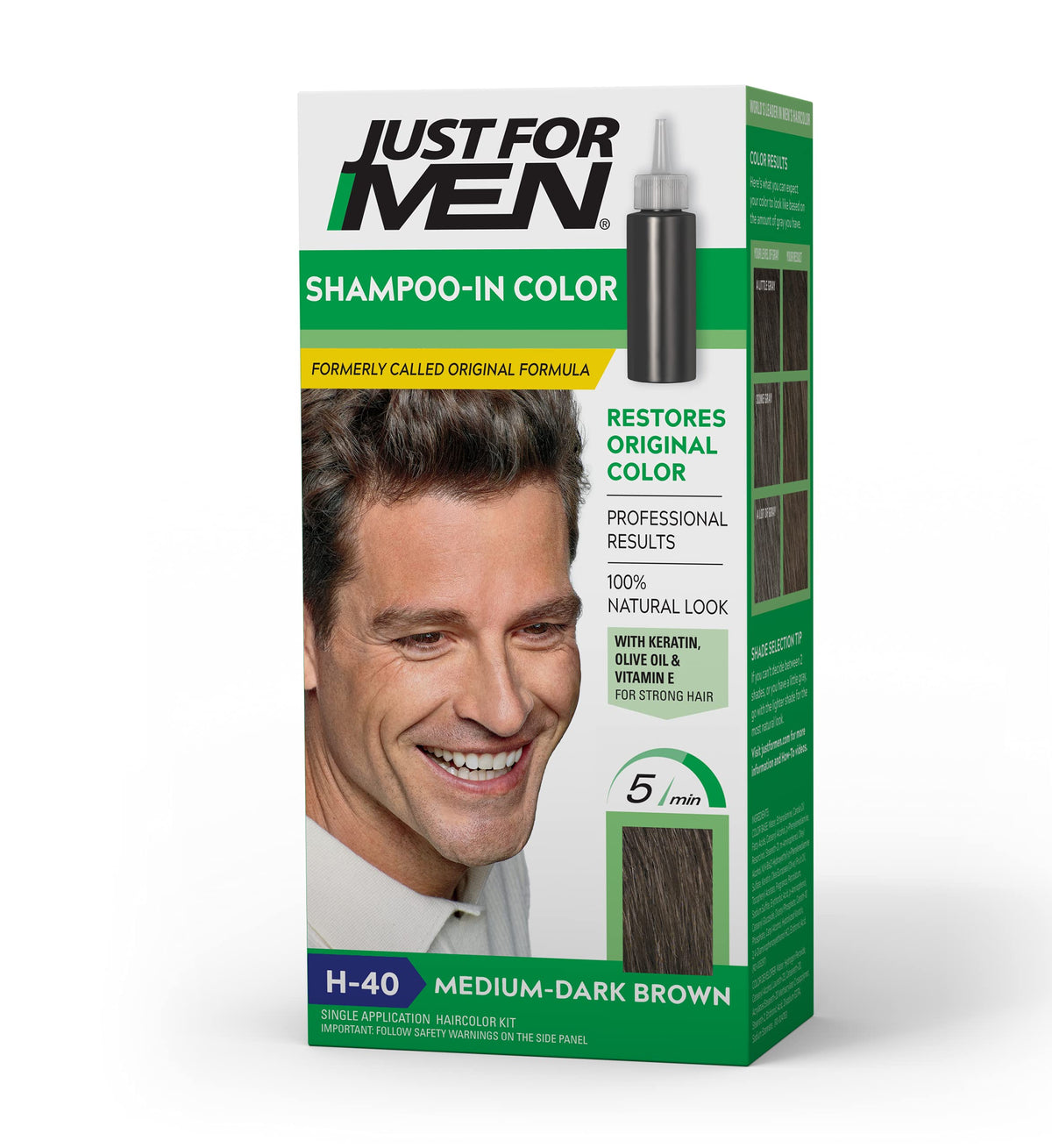 Just For Men front packaging showing Medium-Dark Brown shade and benefits