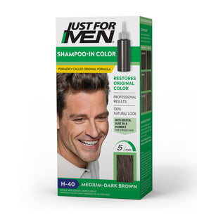 Just For Men front packaging showing Medium-Dark Brown shade and benefits