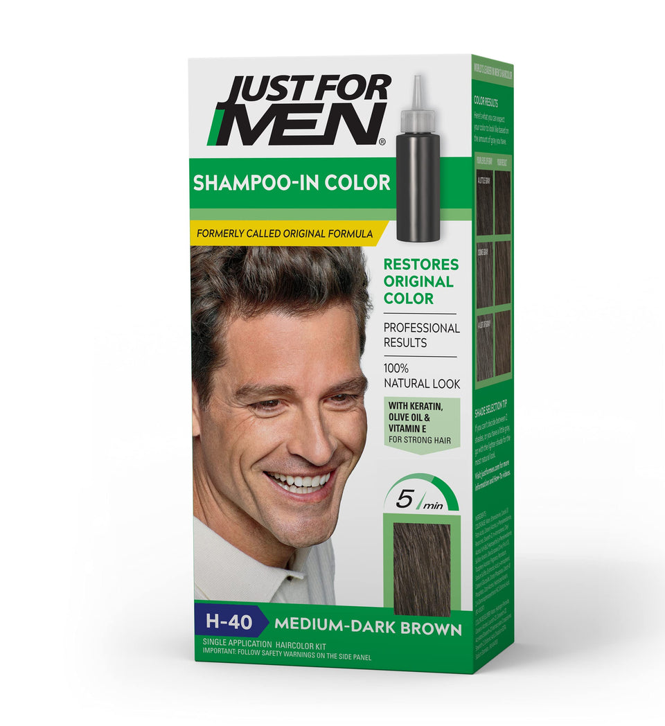 Just For Men front packaging showing Medium-Dark Brown shade and benefits