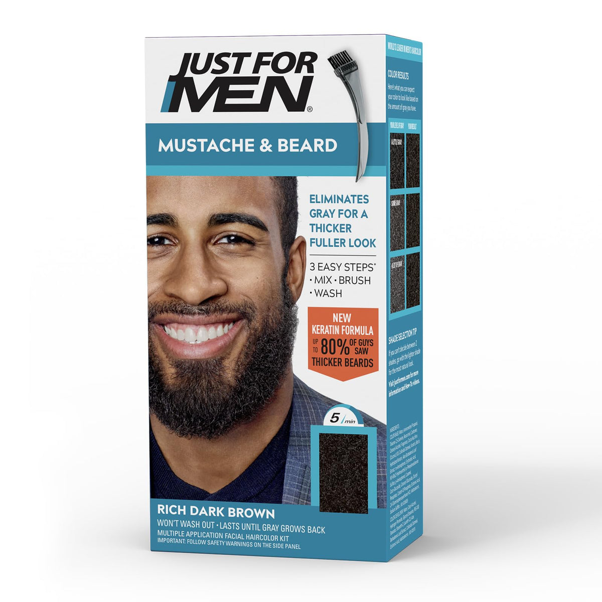 Just For Men front packaging showing Rich Dark Brown shade and kit benefits