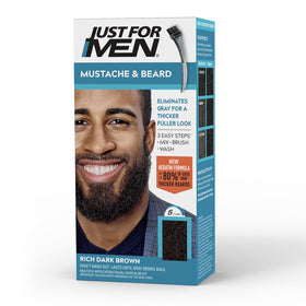 Just For Men front packaging showing Rich Dark Brown shade and kit benefits