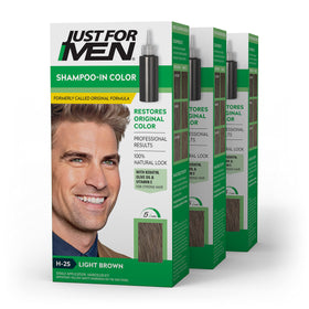 Just For Men front packaging showing light brown shade and pack benefits