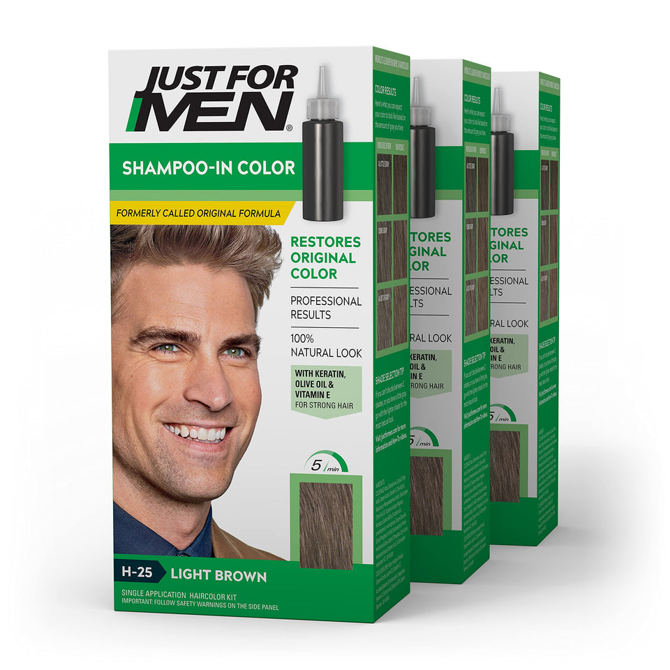 Just For Men front packaging showing light brown shade and pack benefits