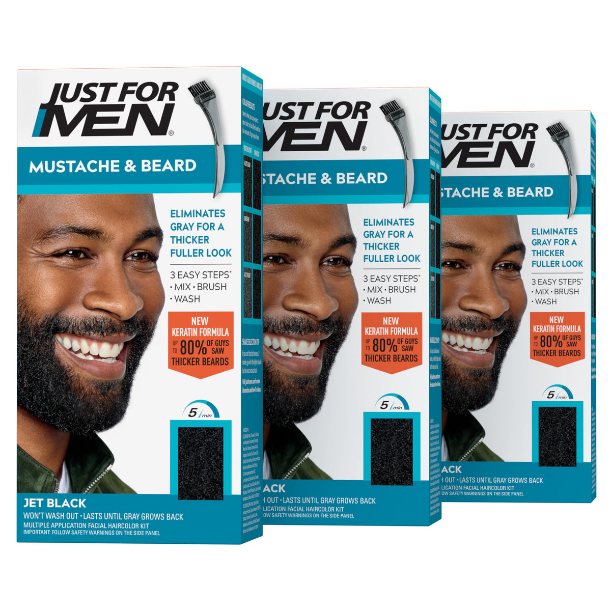 Just For Men jet black front box showing product branding and shade benefits