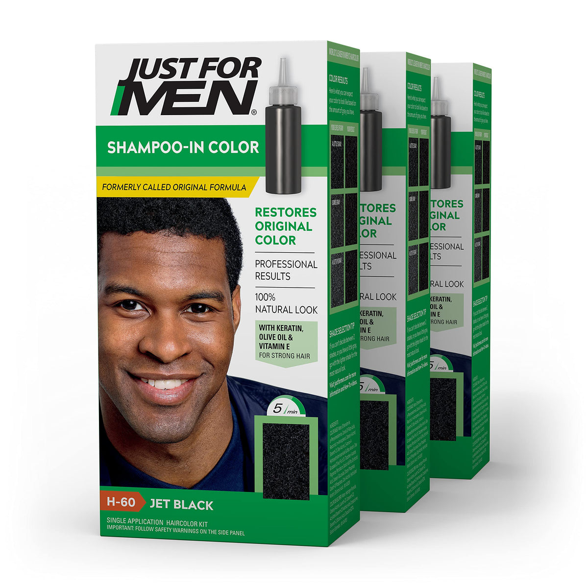 Just For Men front packaging showing Jet Black shade and pack of three benefits