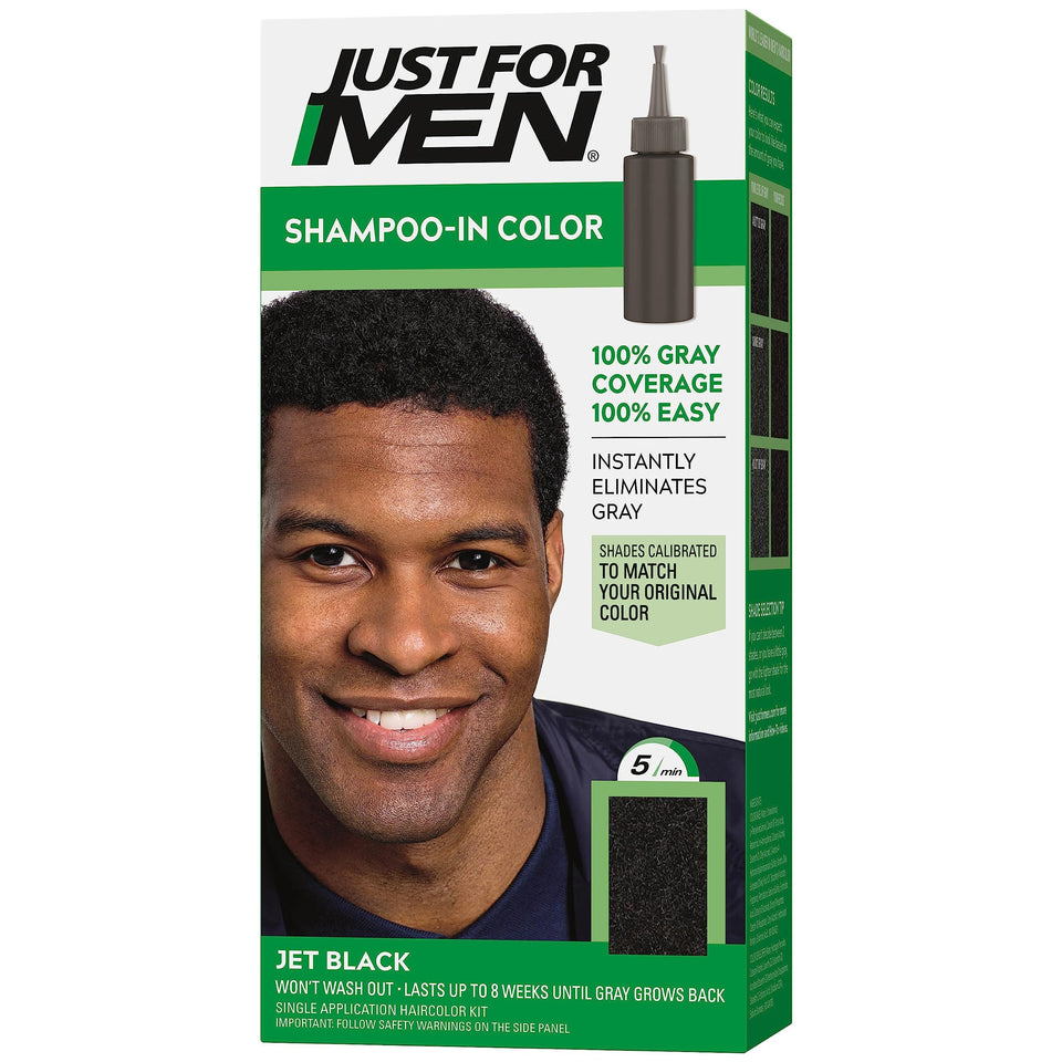Just For Men front packaging showing Jet Black shade with clear benefit