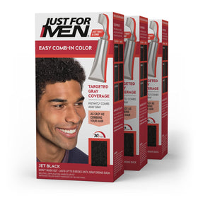 Just For Men front packaging showing Jet Black benefits and quick application