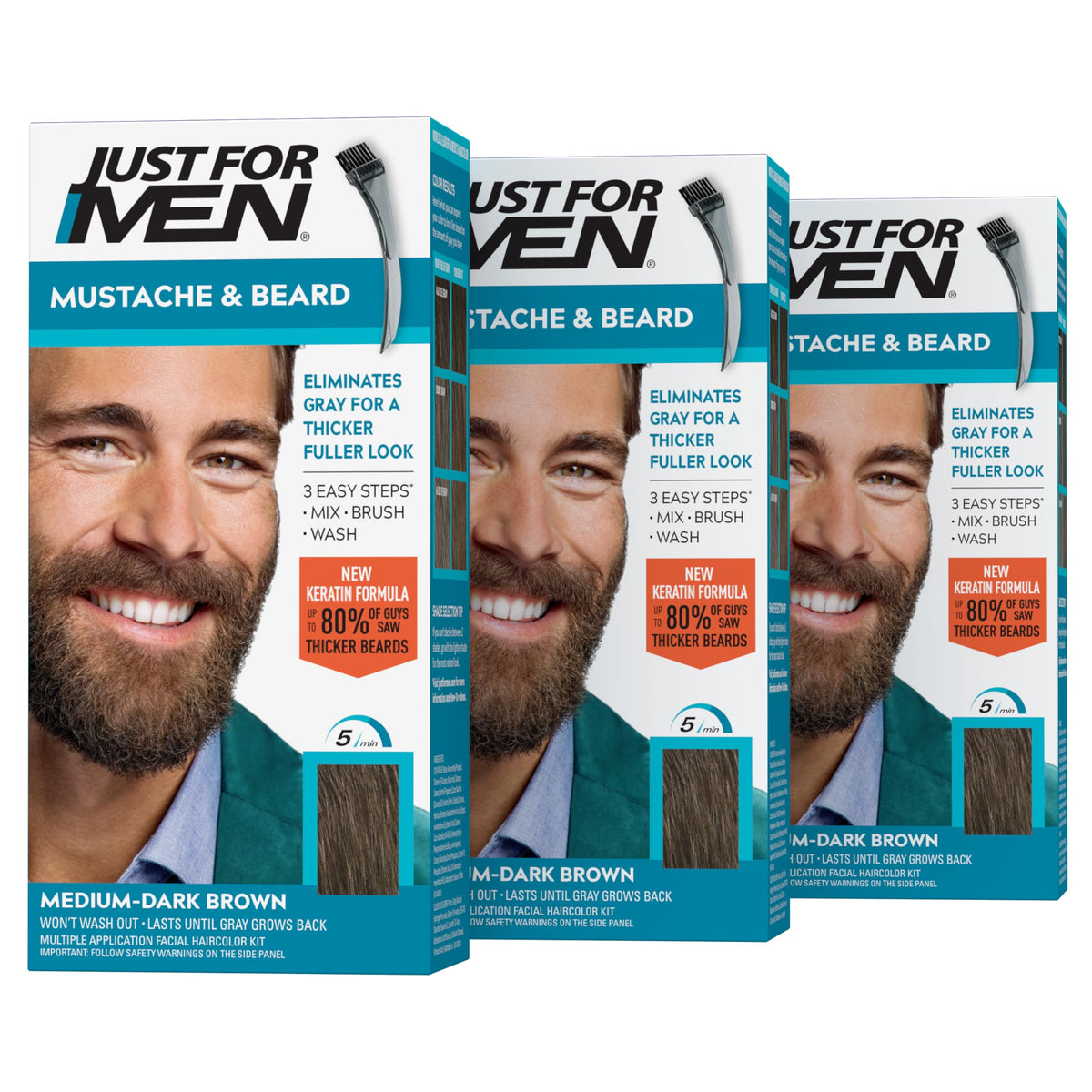 Just For Men front packaging showing M-40 medium-dark brown and benefits