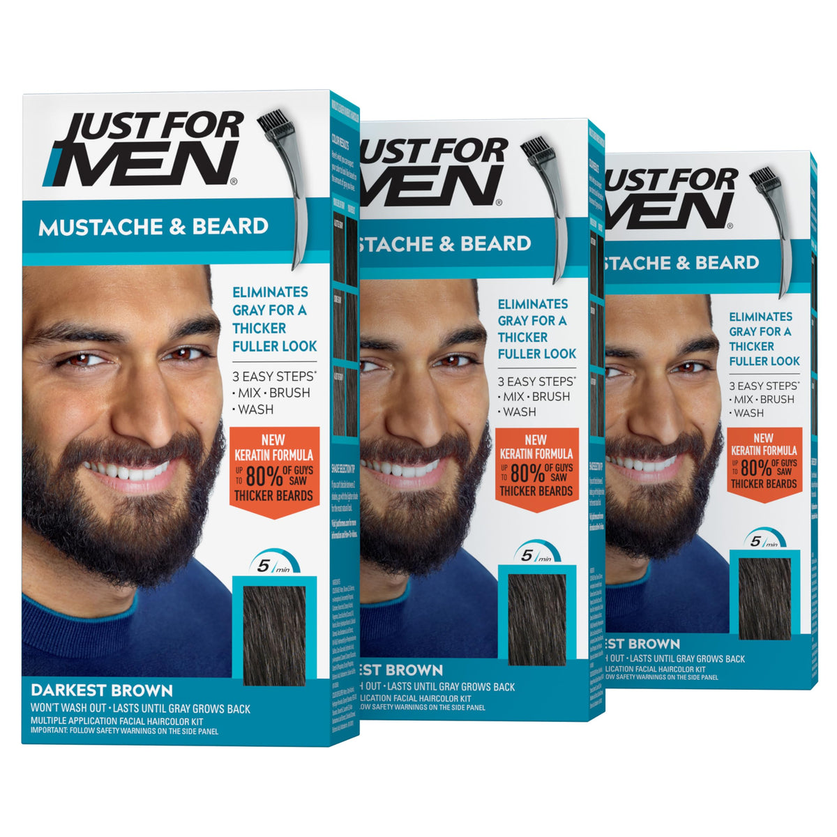 Just For Men front packaging showing darkest brown three-pack and benefits