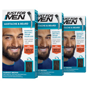 Just For Men front packaging showing darkest brown three-pack and benefits