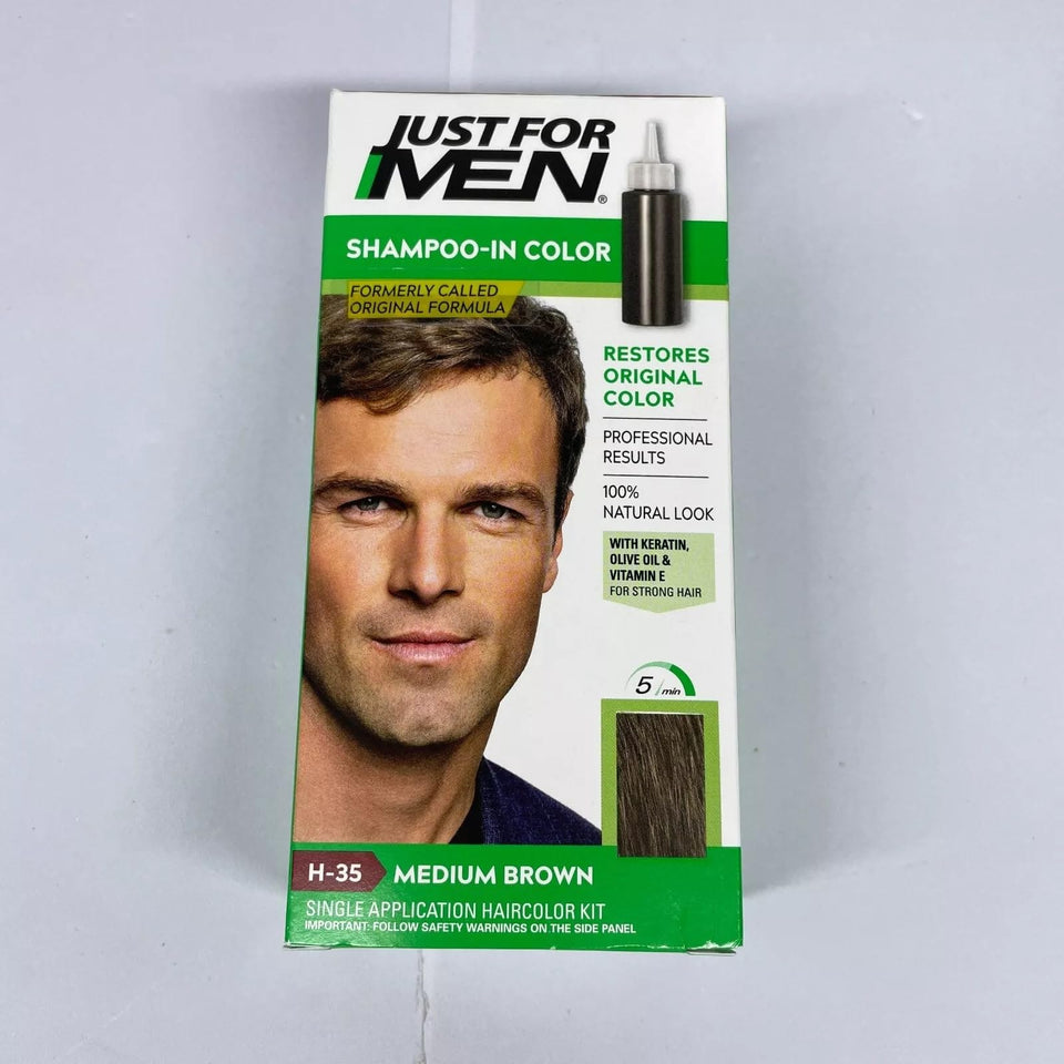 Just For Men front packaging showing medium brown shade and quick results