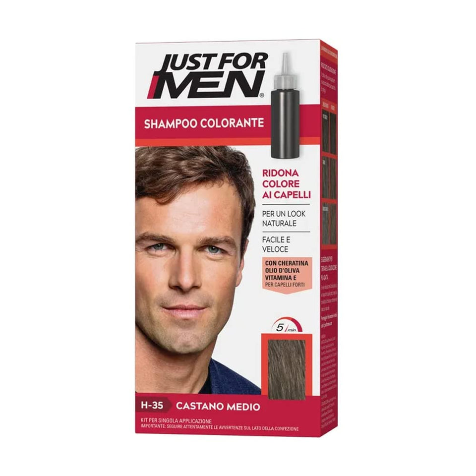 Just For Men front packaging showing medium brown bottle and branding for quick identification