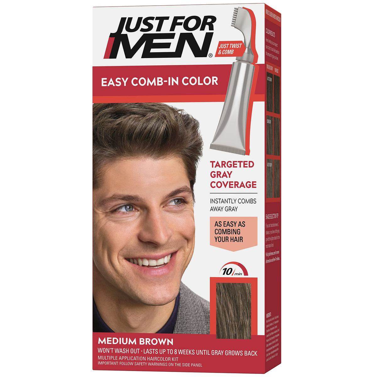 Just For Men front packaging showing medium brown shade and benefits