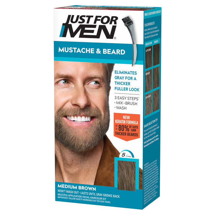 Just For Men front packaging showing medium brown shade and benefits