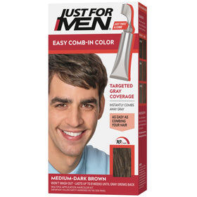 Just For Men front packaging shows Medium-Dark Brown shade and benefits