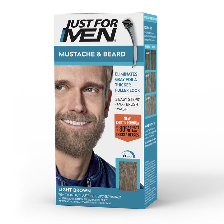 Just For Men front packaging showing Light Brown box and benefit of quick coverage