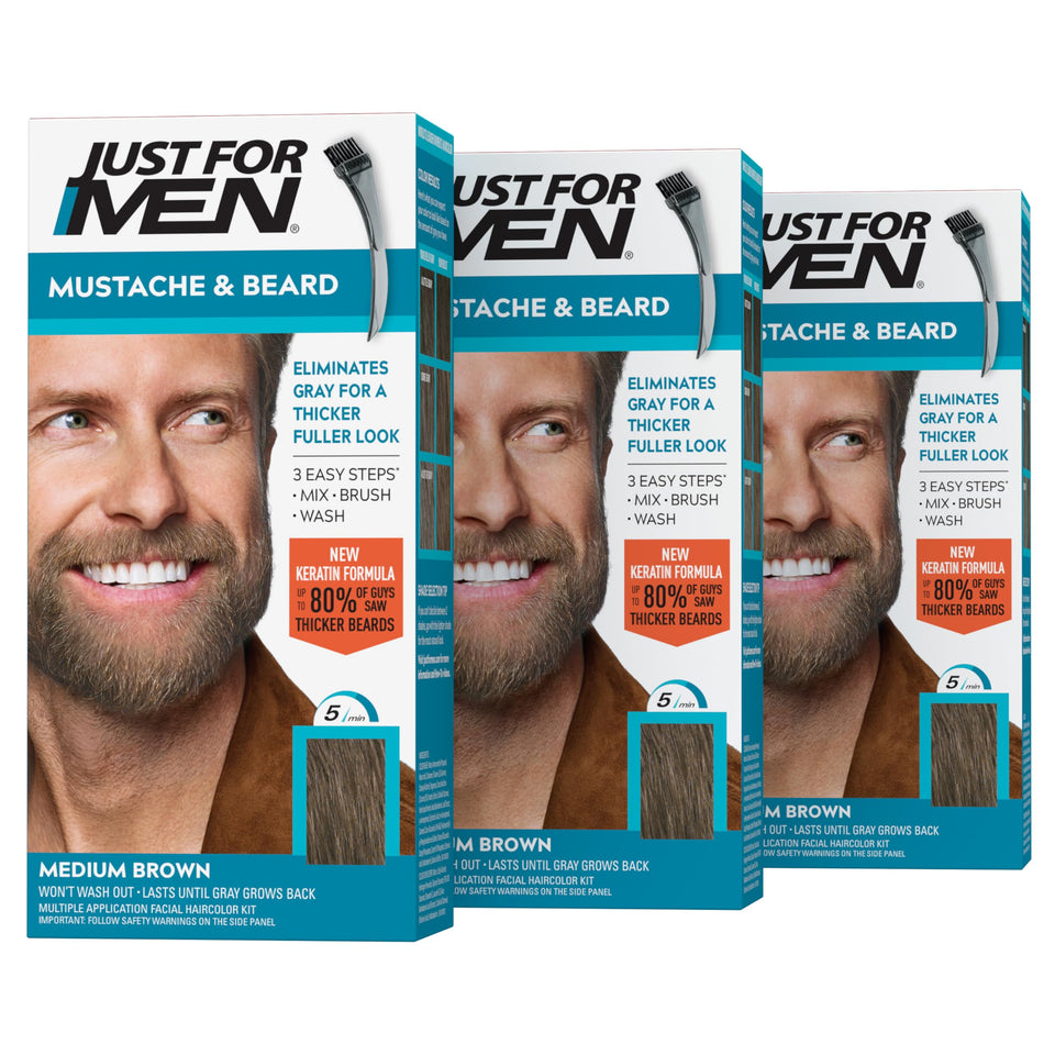 Just For Men front packaging showing product benefits and medium brown shade